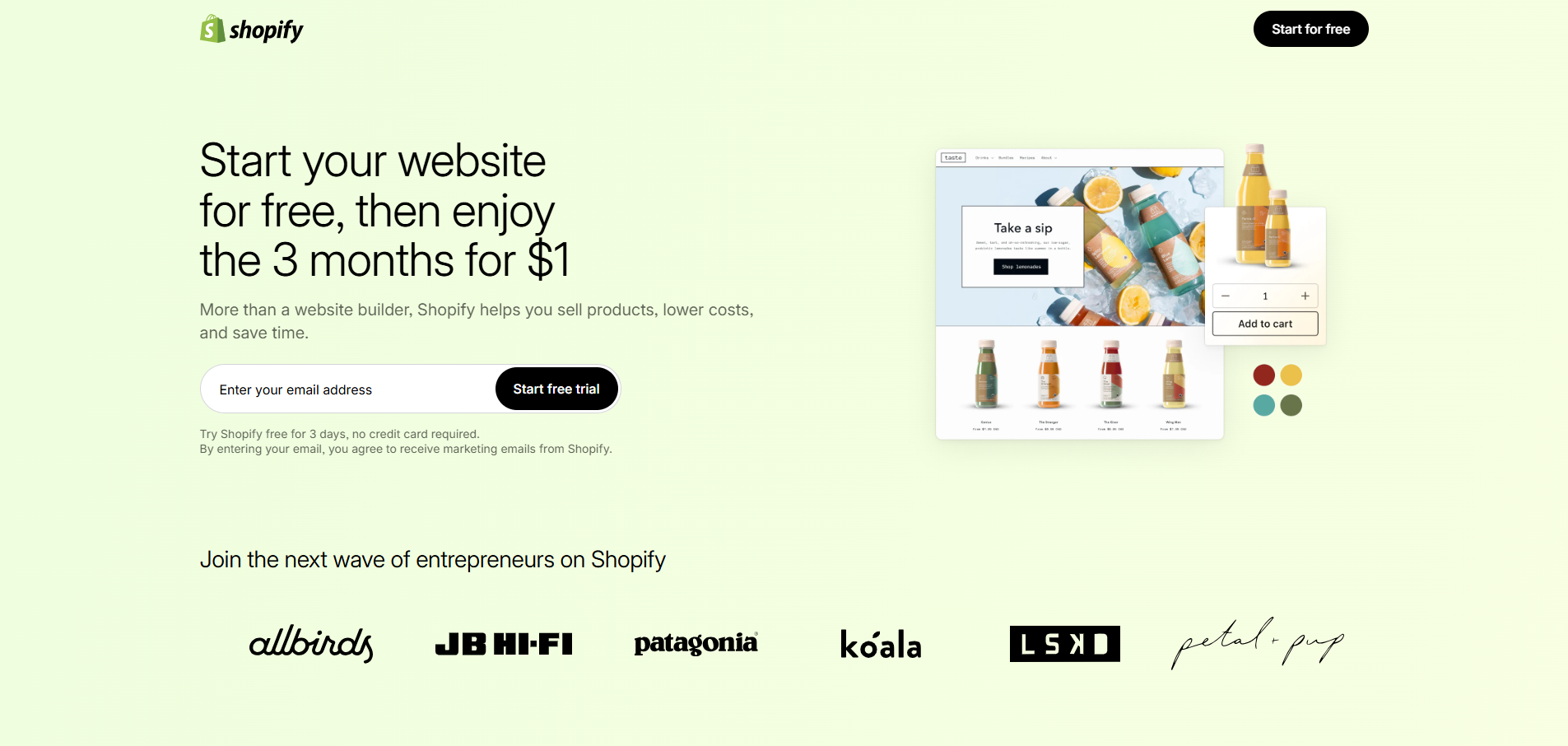 Homepage of Shopify website