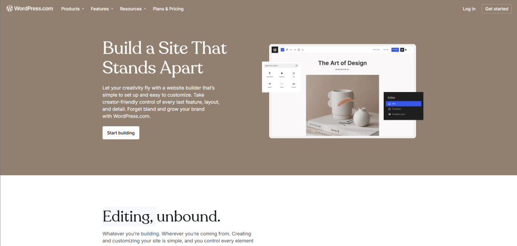 WordPress homepage encouraging users to start building their own website