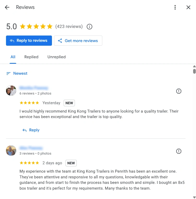 Customers leaving good reviews on King Kong Trailers’ GBP