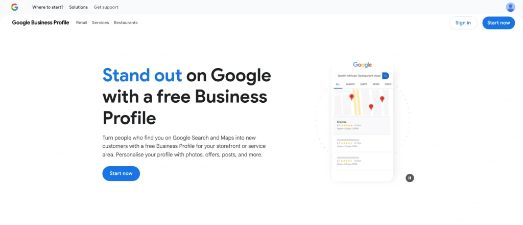 Homepage of Google Business Profile