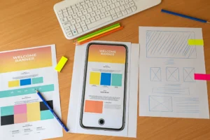 Creative sketch planning application process development prototype wireframe for web mobile phone.