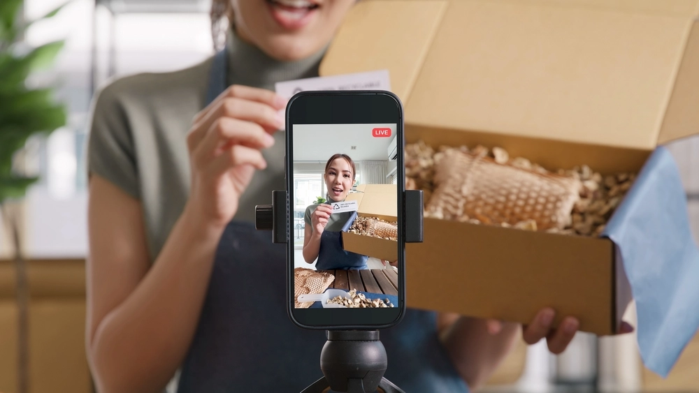 SME owner go green net zero retail store live stream talk on phone showing packaging box