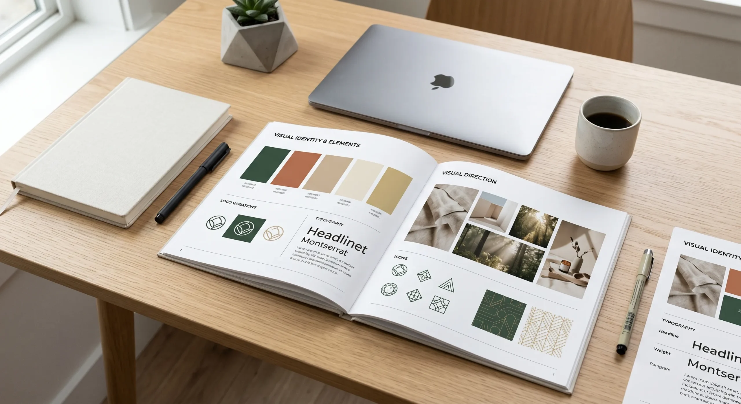 A stylish, modern brand book layout on a desk